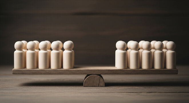 Wooden human figures standing in two equal rows on a balance beam perfect for balanced teams and equal partnership business concepts
