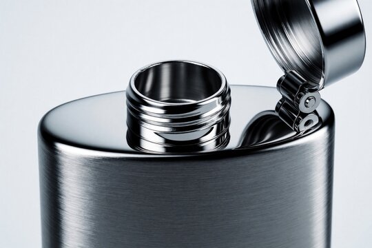 Closeup of open stainless steel pocket flask. Shiny metal liquor bottle with hinged cap on grey background. Empty container for whiskey, vodka brandy. Minimalist object for alcoholic beverage storage