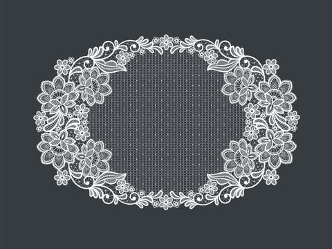 Lace decoration frame.White lace flowers frame.Vector handmade white lace branches with flowers.