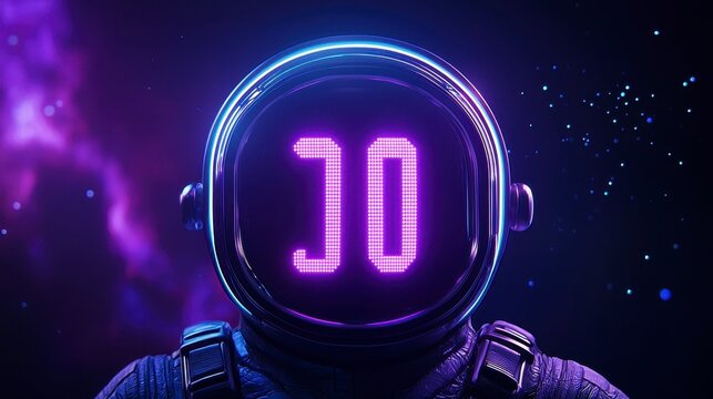 Futuristic astronaut helmet with glowing purple digital screen in spac