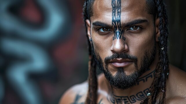 Portrait of a man with braids and facial tattoos looking at the camera