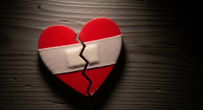 Broken red heart with a white bandage on dark wood perfect for heartbreak healing and emotional recovery support concepts