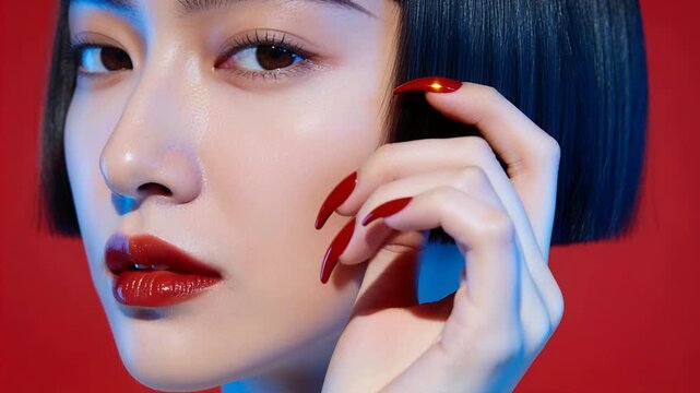 Shifting cam nudging bob-model angling face tracing jaw with red nails at red bg showing makeup
