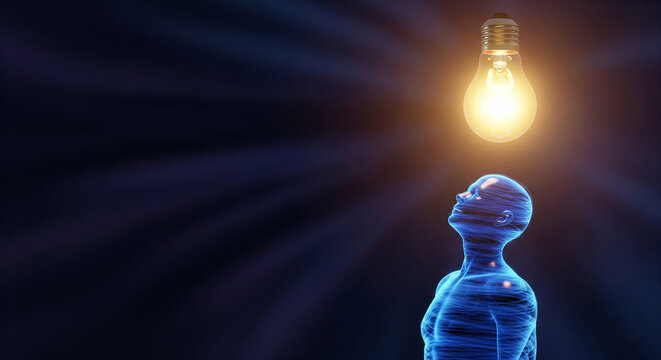 Light bulb glowing above a digital blue head in profile perfect for inspiration intelligence and smart solution concepts