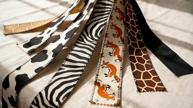Shifting camera revealing fabric ribbons on light bedspread, emphasizing zebra and fox prints