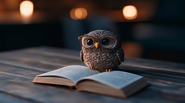 Little owl wearing glasses reading an open book on a wooden table