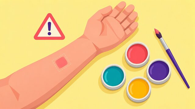 Arm with a skin patch test and face paint palette in a cosmetic allergy safety concept on a plain pastel yellow background