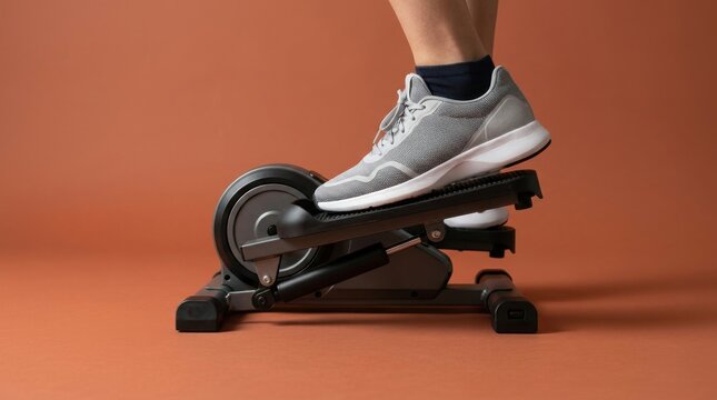 Close up of a persons foot on a compact elliptical machine for home fitness.
