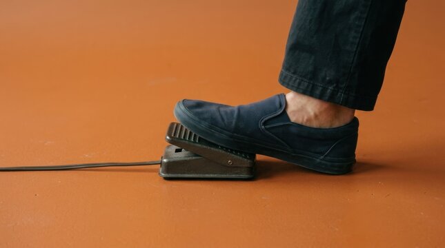 Close-up of a persons foot pressing down on a foot pedal switch.