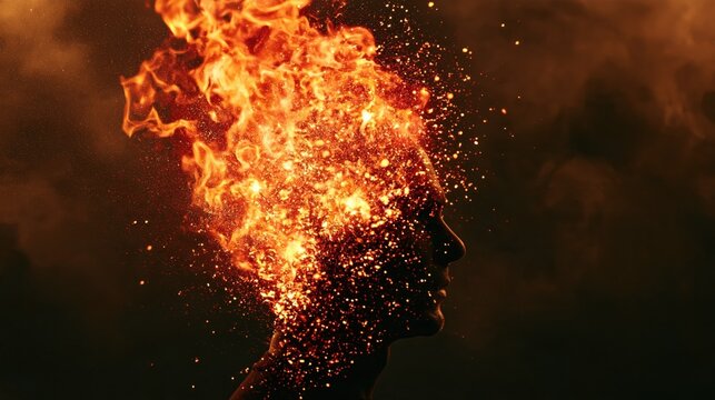 Human profile dissolving into flames and glowing sparks in a dramatic surreal composition