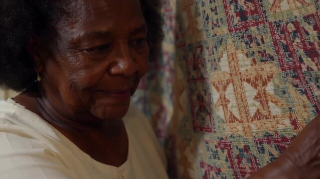 Quilter smiling beside a colorful patchwork quilt