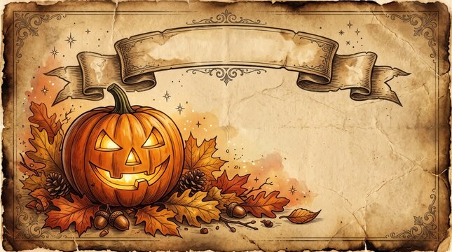 Retro Halloween Greeting Card Featuring a Carved Jack-o-Lantern Surrounded by Autumn Foliage on Aged Paper