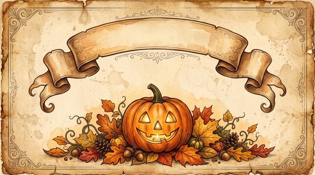 Retro Halloween Greeting Card Featuring a Carved Jack-o-Lantern Surrounded by Autumn Foliage on Aged Paper