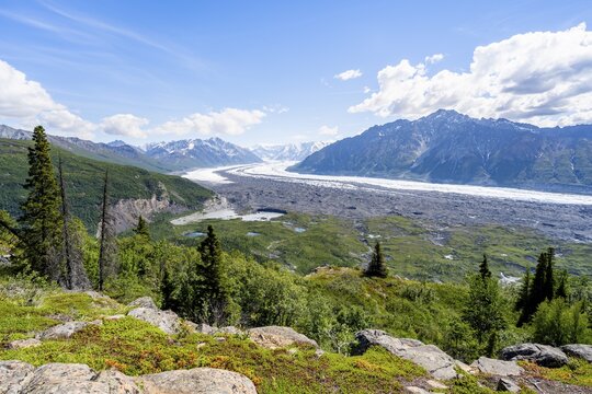 View of impressive mountain landscape with the Matanuska Glacier tongue, Lion's Head, Chugach Mountains, Alaska, USA