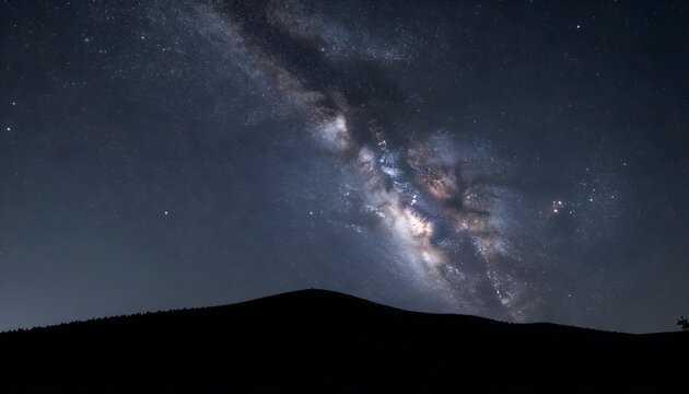 Night sky full of stars and the milky way above a dark mountain silhouette