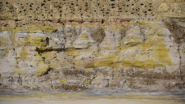 Yellow and beige rock formations with pronounced textures, volcanism, volcanic island, Caldera Stefanos, Nisyros, Dodecanese, Greek Islands, Greece