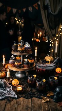 Halloween cupcakes and punch on a party table. Spooky dessert and drink spread. Holiday entertaining and seasonal food styling. Festive celebration. Vertical video