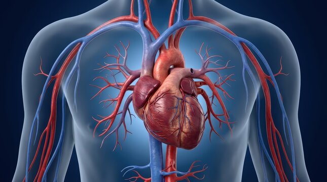 3D Illustration of Human Heart and Circulatory System Anatomy.