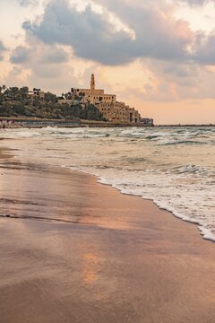 View over the beach, evening mood at the sea, Alma Beach, behind Tel-Aviv-Jaffa, Old Town, Tel Aviv, Israel