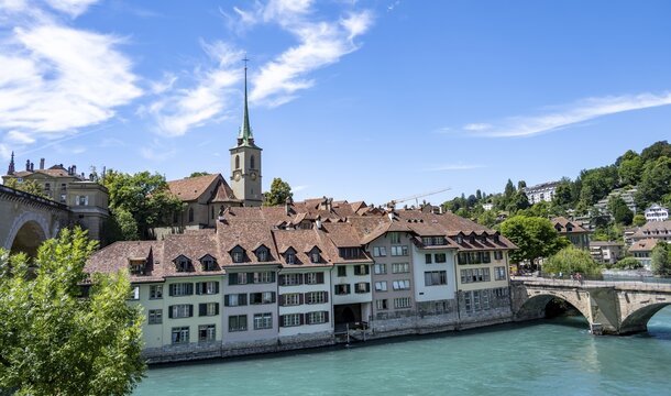 Row of houses on the banks of the river Aare, Nydegg district, Bern, Canton of Bern, Switzerland
