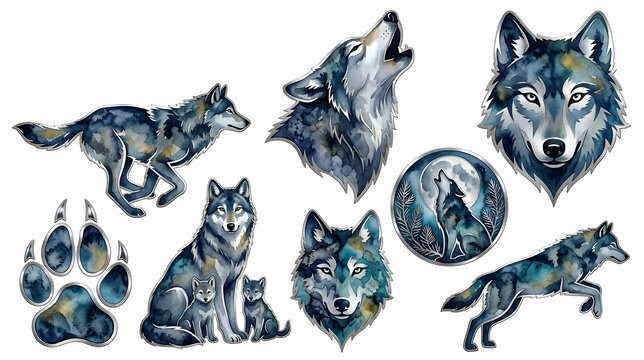 Wolf collection with running and sitting poses
