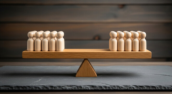 Wooden people figurines balanced on a wooden scale perfect for equality fairness and balanced team decision making concepts