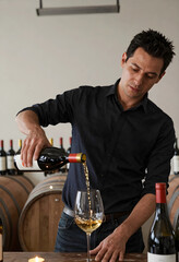 Fototapeta premium Wine tasting and sommelier service, man pouring white wine into glass at winery cellar with oak barrels for hospitality and luxury lifestyle marketing