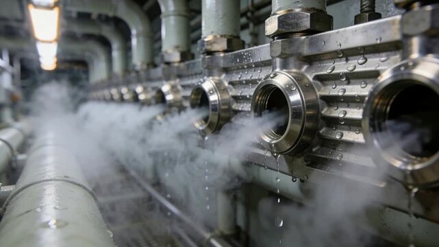 Venting stainless steel manifold releasing vapor into plant bay, pressure rising condensate falling