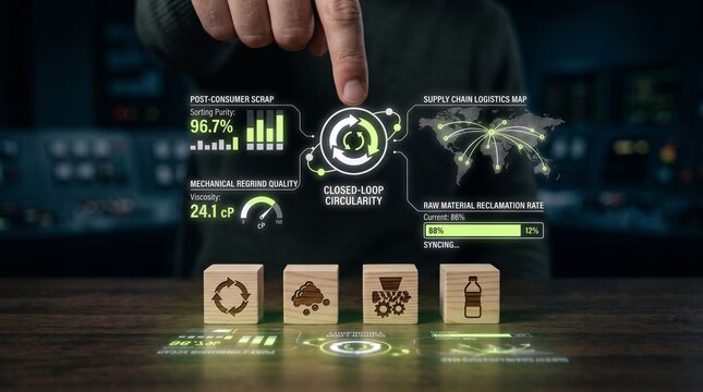 Person interacting with futuristic holographic interface displaying closed loop circularity metrics and wooden recycling icons on desk
