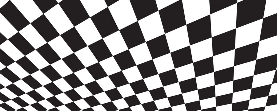 Black and white checkered pattern background with perspective distortion and optical illusion effect