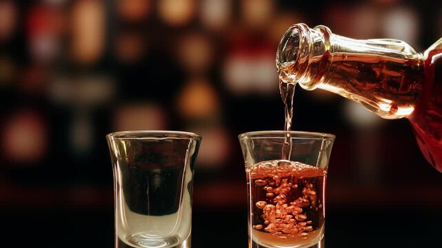 Pouring shot of red bitter, Cognac, whisky, Campari, Aperol, Cherry Vermouth Negroni, spanish wine drink, Alcoholic Americano Cocktail bitter, sweet vermouth and soda water, close up of making drink