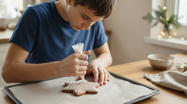 Teenage boy decorating a star shaped gingerbread cookie with white icing. Young man piping royal icing on christmas biscuit in kitchen. Festive holiday baking concept
