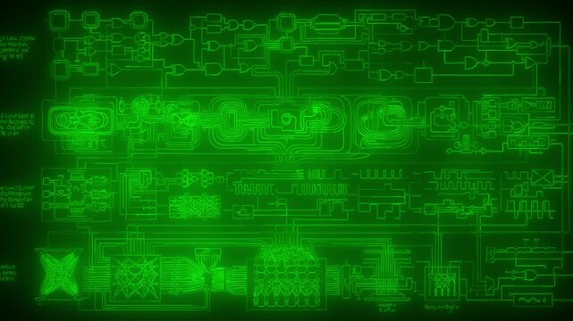 Neon green glowing electronic circuit board schematic animation for