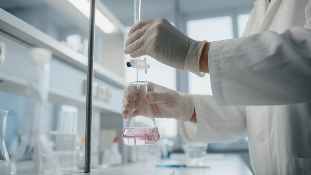 Laboratory Technician Performing Acid Base Titration Gloved Hands