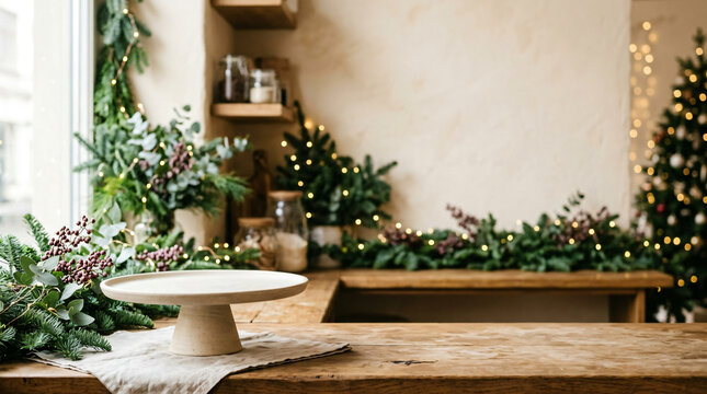 Empty cake stand on a wooden table in a festive kitchen. Holiday background for food display.