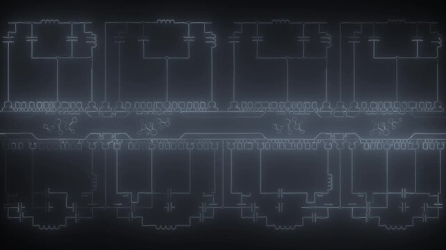 Close up circuit board schematic animation with glowing blue