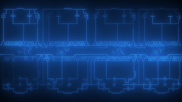 Futuristic electronic circuit board schematic animation with glowing