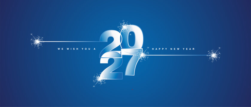 Happy New Year 2027 eve loading line design art numbers logo with sparkle fireworks white blue light vector wallpaper greeting card