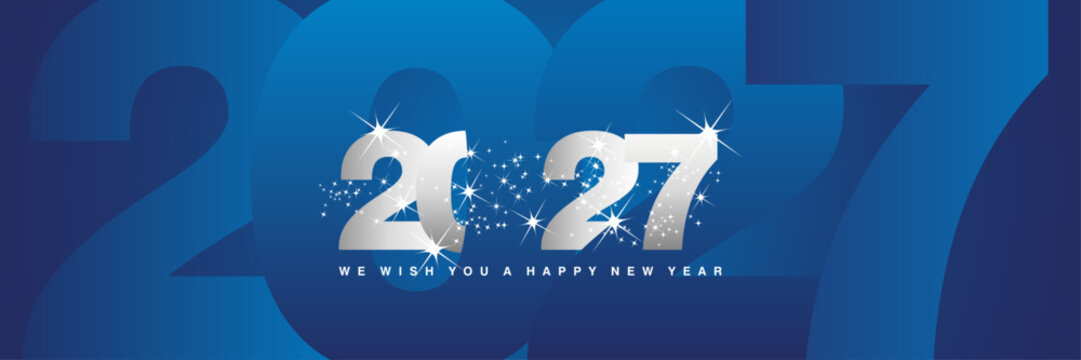 We wish you a Happy New Year 2027 shining sparkler firework silver white blue greeting card with silhouette shaded blue background in the shape of 2027 year