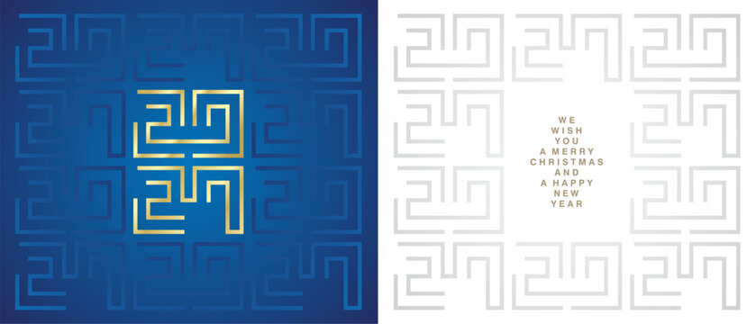 Happy New Year 2027. Golden white silver grey cyberspace high tech year 2027 typography. Greek mystic ornament abstract pattern on blue white background