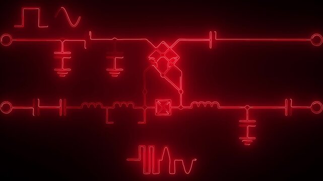 Glowing neon electronic circuit schematic animation with voltage