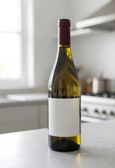 Fototapeta premium Wine branding and marketing, blank label wine bottle on kitchen counter for product mockup and beverage industry advertising campaign