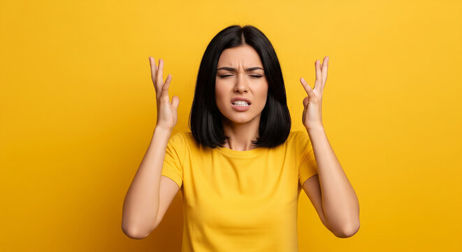 Angry woman in yellow raising both hands in frustration on yellow perfect for stress anger and irritated emotion concepts
