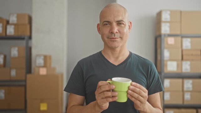 Man holds green mug with both hands in building surrounded by stacked boxes and shelves; small business break contentment.