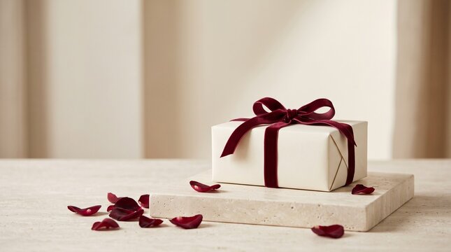 Minimalist cream gift box with a burgundy satin ribbon displayed on a stone pedestal
