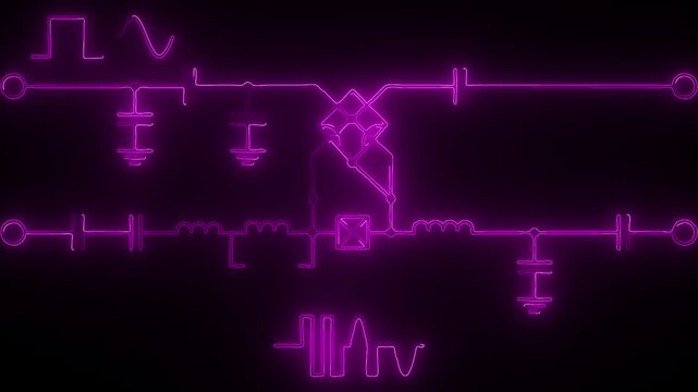 Neon glowing electronic circuit schematic animation for tech