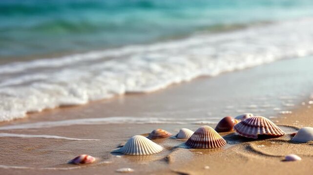 Beautiful seashells resting on a golden sandy shore as a gentle, foamy turquoise wave washes over them. A serene tropical seaside scene