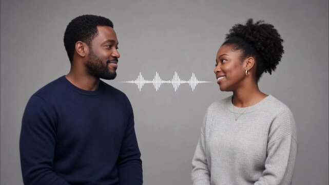 African american couple having a conversation with a soundwave animation representing their speech on a gray studio background