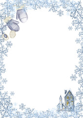 Hand-drawn winter scene with snowflakes, mittens, and a house for Christmas and New Year celebrations © Олена Пляка