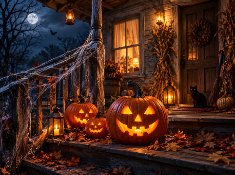 Spooky Halloween house porch under full moon decorated with glowing jack-o-lantern pumpkins, lanterns, and cobwebs at night
